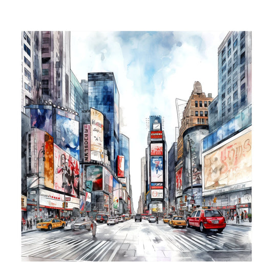 times square, new york city, urban landscape, cityscape, yellow taxi, street scene, buildings, skyscrapers, architectural, modern city, watercolor style, painted effect, blue sky, clouds, pedestrians, crosswalk, bustling street, metropolitan, contemporary, travel themed, americana, iconic landmarks, multi-color, navy blue, yellow, red, gray, beige, tan, white