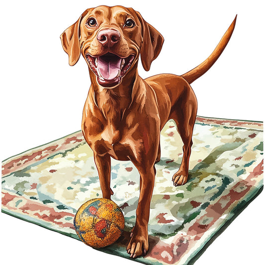 brown dog, chocolate brown, cream, rust red, sage green, tan, golden yellow, animal print, dog portrait, happy dog, playful dog, retriever, labrador, pet themed, whimsical, folk art, traditional, home decor, dog lover, animal lover, multi-colored, colorful patchwork, geometric pattern, striped border, decorative, charming, cute, friendly, joy, happiness