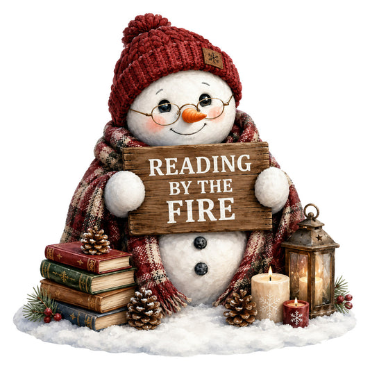 burgundy, cream, rust red, gold, forest green, snowman, winter, christmas, holiday, cozy, reading, books, fireplace, candles, lantern, whimsical, nostalgic, vintage, rustic, farmhouse, festive, snow, pinecones, glasses, knit hat, scarf, warm tones, seasonal, decorative panel, home decor
