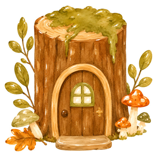 woodland, fairy tale, whimsical, tree house, forest green, golden yellow, burnt orange, cream, brown, nature, fantasy, storybook, mushrooms, toadstools, moss, leaves, autumn, fall, rustic, cottage core, magical, enchanted, woodland creatures, children's, baby, decorative, wall hanging, home decor, earth tones