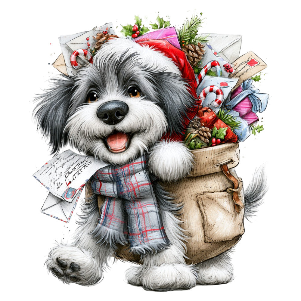 dog, shih tzu, puppy, christmas, holiday, santa hat, festive, red and white, black and white, gray, plaid scarf, candy canes, pinecones, holly, berries, gift basket, letters, whimsical, cute, cheerful, winter, seasonal, animal lover, pet themed, children's, playful, warm tones, decorative, charming, greeting card style