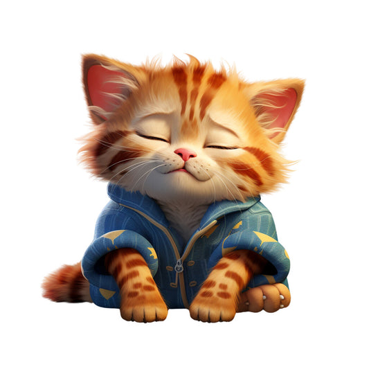 orange tabby kitten, blue hoodie, pajamas, sleepy expression, closed eyes, fluffy fur, white chest, pink nose, fabric panel, quilting cotton, adorable animal, cozy clothing, children's theme, soft pastels, digital art style, cute illustration, sitting pose, whiskers, pointed ears, peaceful mood