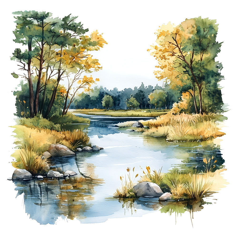 watercolor landscape, scenic nature, river stream, autumn trees, golden yellow, sage green, forest green, slate blue, cream, beige, tan, soft pastels, peaceful scenery, countryside, pastoral, rustic, tranquil water, woodland, seasonal transition, natural elements, grass reeds, stones rocks, trees foliage, relaxing nature scene, traditional landscape, scenic panel, autumn landscape, nature lovers