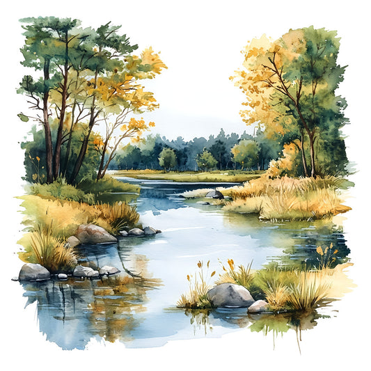 watercolor landscape, scenic nature, river stream, autumn trees, golden yellow, sage green, forest green, slate blue, cream, beige, tan, soft pastels, peaceful scenery, countryside, pastoral, rustic, tranquil water, woodland, seasonal transition, natural elements, grass reeds, stones rocks, trees foliage, relaxing nature scene, traditional landscape, scenic panel, autumn landscape, nature lovers