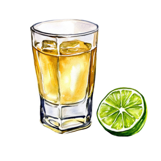 tequila, cocktail, lime, beverage, drink, bar themed, alcohol, spirits, yellow, golden yellow, bright green, lime green, clear glass, ice cubes, summer, tropical, adult themed, modern, contemporary, food and drink, kitchen decor, home bar, entertaining, whimsical, illustration style, watercolor, realistic, citrus, nightlife, happy hour