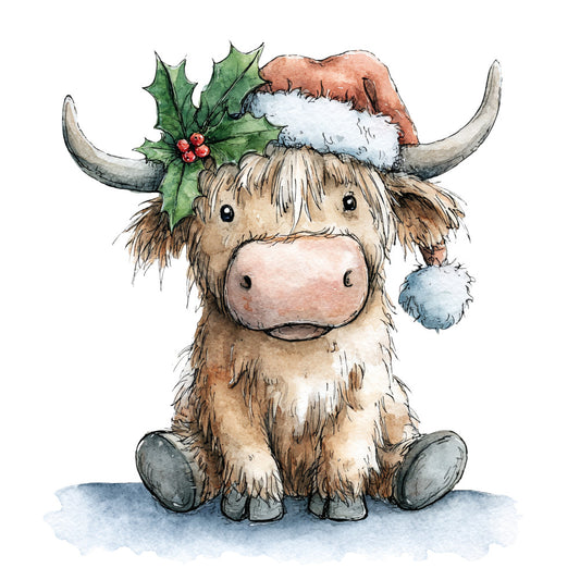 Vintage Christmas Highland Cows Fabric Panel 22