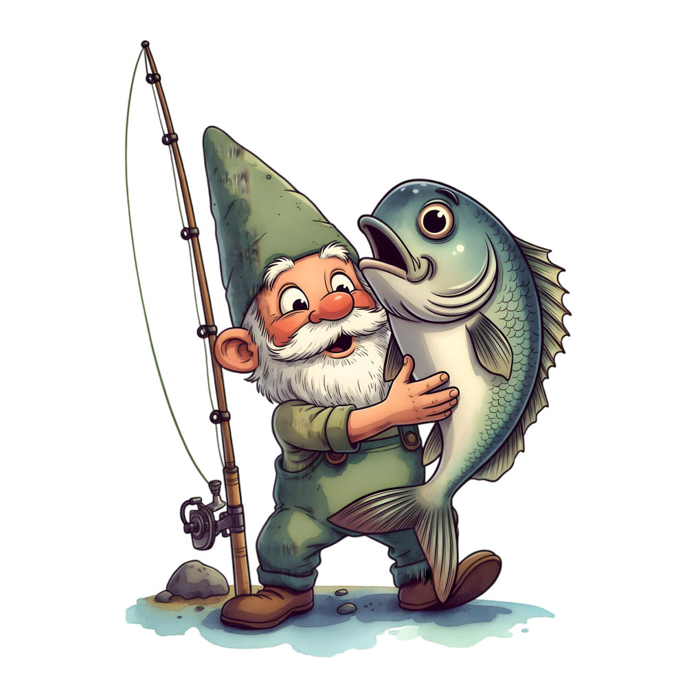 fishing gnome, whimsical, novelty, children's, sage green, cream, rust orange, nautical, cartoon, humorous, folk art, vintage, character panel, gnome motif, fish motif, fishing rod, lake theme, outdoor recreation, storybook, playful, retro, cottage core, nature-inspired, beige, teal, boy's quilt, adventure theme, hobby theme