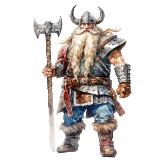 viking, norse, warrior, fantasy, medieval, mythical, adventure, character, bearded man, horned helmet, axe, battle, armor, metallic silver, steel blue, rustic brown, deep red, cream, tan, historical, legend, folklore, themed panel, costume, game character, dungeons and dragons, tabletop gaming, illustration, storybook, whimsical