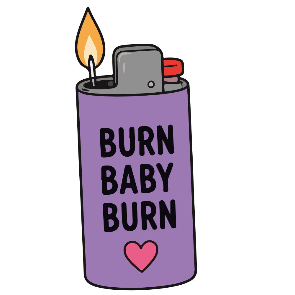 purple, gray, red, coral pink, yellow, orange, lighter, whimsical, humorous, funny, retro, vintage, novelty, statement, typography, text, fire, flame, heart, love, contemporary, edgy, sarcastic, rebellious, quirky, bold, playful, baby themed, nursery, humor