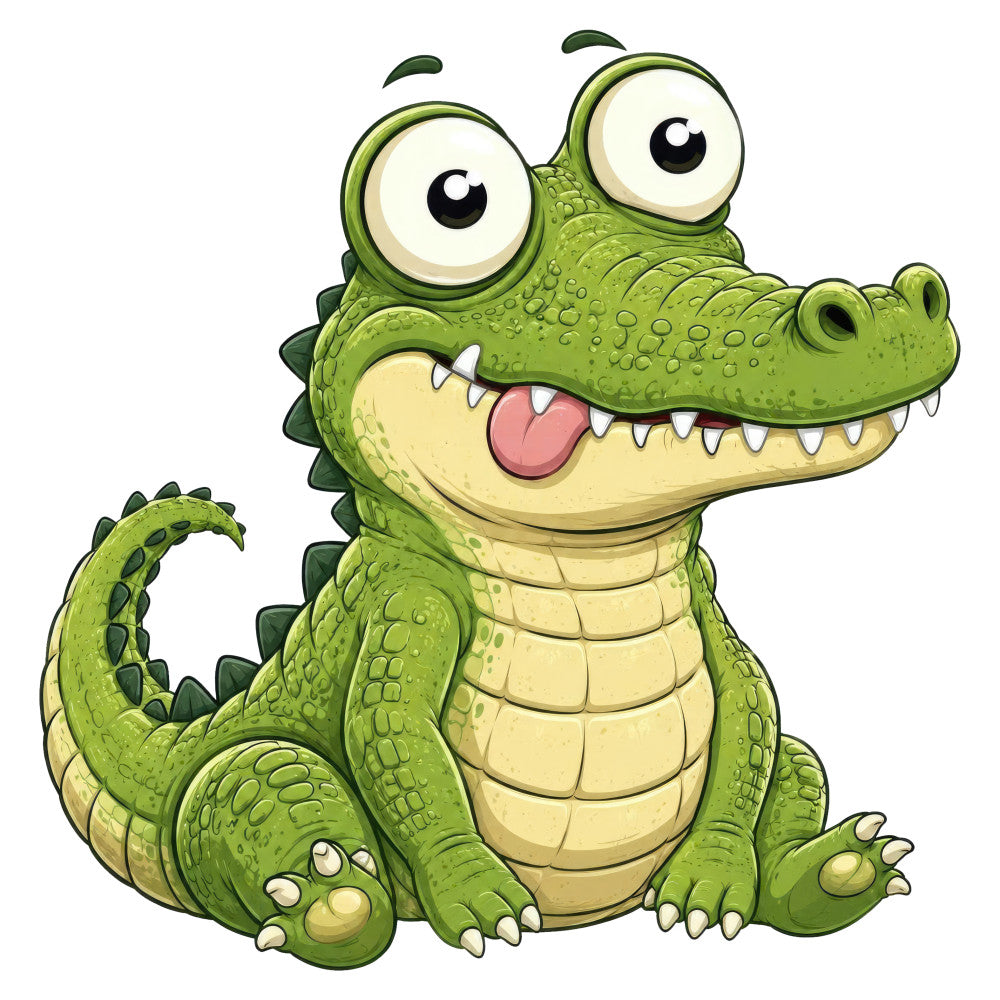 lime green, cream, ivory, chartreuse, cartoon, whimsical, cute, animals, reptiles, crocodile, alligator, children's, kids, playful, funny, silly, toothy grin, big eyes, comic style, illustration, novelty, fun prints, tongue out, happy, cheerful, vibrant, colorful, childish, playroom, nursery