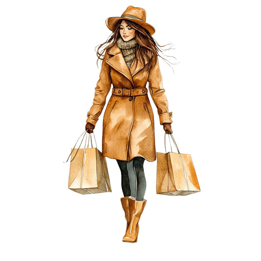 caramel brown, tan, cognac, dark gray, charcoal, fashion illustration, shopping, woman with bags, vintage style, retro fashion, 1970s style, boho chic, bohemian, elegant, sophisticated, autumn, fall, fashion design, lifestyle, glamorous, stylish woman, character illustration, fashion figure, wardrobe, shopping bags, hat, trench coat, boots