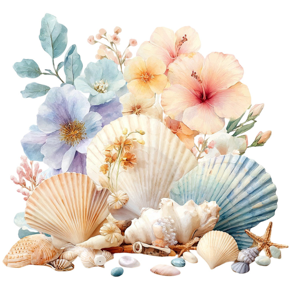 pale pink, cream, soft blue, dusty rose, peach, sage green, pastel, floral, hibiscus, shells, seashells, starfish, botanical, watercolor, coastal, beach, ocean, seaside, vintage, romantic, elegant, whimsical, tropical, summer, spring, nature, layered flowers, delicate, feminine, soft colors