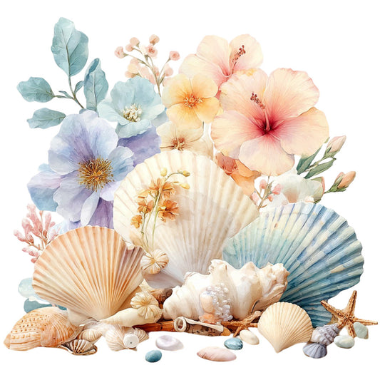 pale pink, cream, soft blue, dusty rose, peach, sage green, pastel, floral, hibiscus, shells, seashells, starfish, botanical, watercolor, coastal, beach, ocean, seaside, vintage, romantic, elegant, whimsical, tropical, summer, spring, nature, layered flowers, delicate, feminine, soft colors