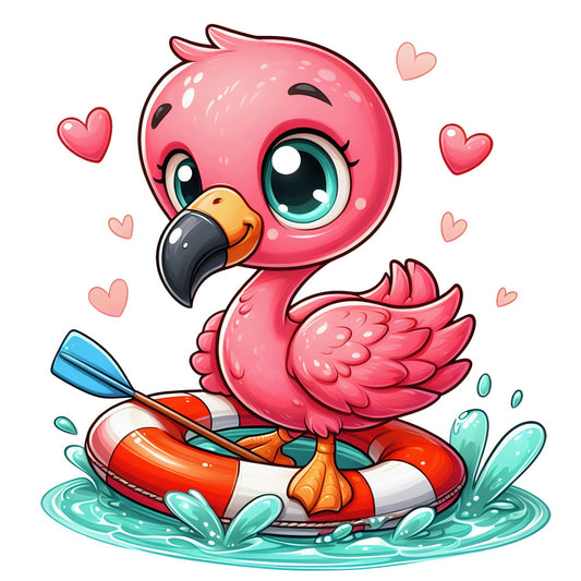 baby flamingo, pink flamingo, cartoon style, cute animal, kawaii design, hearts, life ring, water splash, turquoise eyes, coral pink, soft pink, aqua blue, orange beak, fabric panel, quilting cotton, nursery theme, adorable character, whimsical art, children's fabric, swimming theme