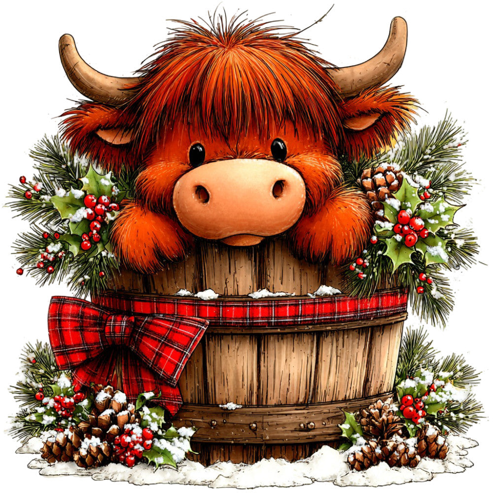 highland cow, red plaid, tartan, christmas, holiday, winter, rustic, farmhouse, scottish, festive, red and cream, brown wood, evergreen, holly berries, pinecones, snow, whimsical, country, traditional, barn animals, livestock, cozy, seasonal, decorative, red tartan bow, natural fibers, folk art style