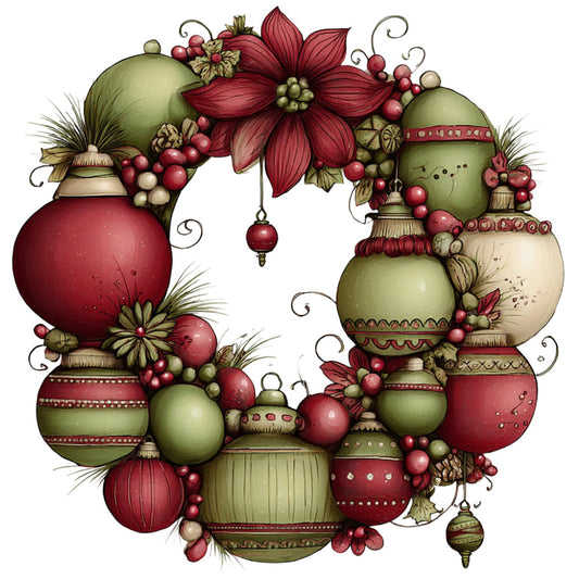 burgundy red, sage green, cream, ornaments, holiday, christmas, floral, whimsical, vintage, decorative balls, festive, elegant, traditional, berries, botanical, beaded trim, tassels, dimensional, art deco, seasonal, winter celebration, rustic elegant, deep red, muted green, nature inspired, embellished, victorian, nostalgic, festive wreath