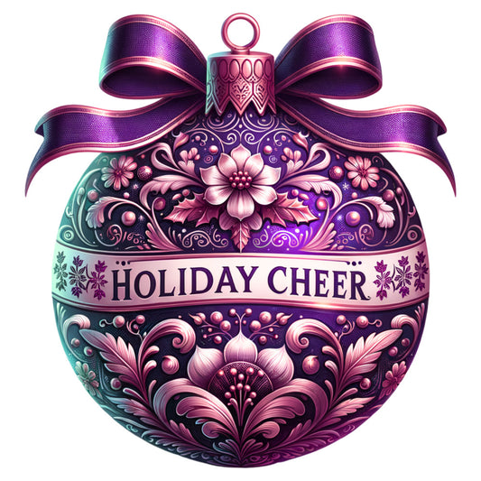 purple, magenta, teal, christmas ornament, floral patterns, decorative swirls, holiday ribbon, fabric panel, ornate design, festive, seasonal, quilting cotton, botanical motifs, metallic accents, victorian style, holiday cheer, christmas decoration, elegant florals, purple gradient, ornamental ball