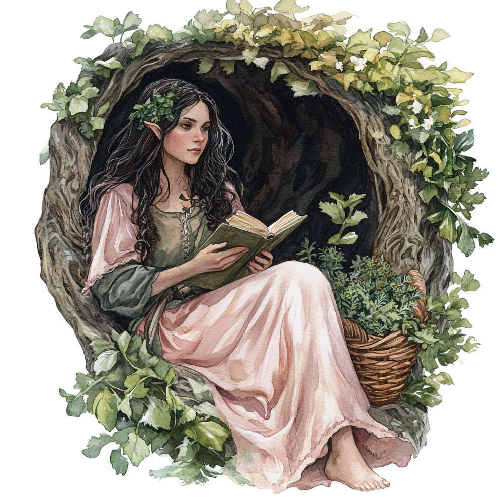 fairy tale, fantasy, storybook, whimsical, romantic, ethereal, literary, reading, books, woman portrait, figure, nature inspired, botanical, ivy, vines, garden, woodland, earthy, vintage, traditional, elegant, illustration art, soft colors, dusty rose, blush pink, sage green, forest green, cream, neutral tones, character panel