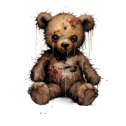 dark brown, tan, cream, rust red, bear, teddy bear, distressed, grunge, watercolor, splatter, drip effect, whimsical, dark art, gothic, damaged, worn, artistic, abstract, children's, nursery, dark whimsy, textured, vintage, moody, illustration style, cute but creepy, mixed media, paint splatter, emotional, quirky