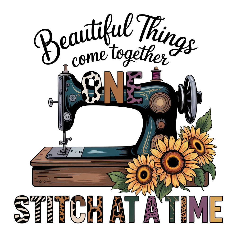 vintage sewing machine, sunflowers, yellow blooms, teal blue, brown wood, pink thread spool, leopard print, cow print, fabric panel, quilting cotton, crafting theme, floral accents, green leaves, antique machine, sewing room, handmade aesthetic, rustic charm, patchwork patterns, country style