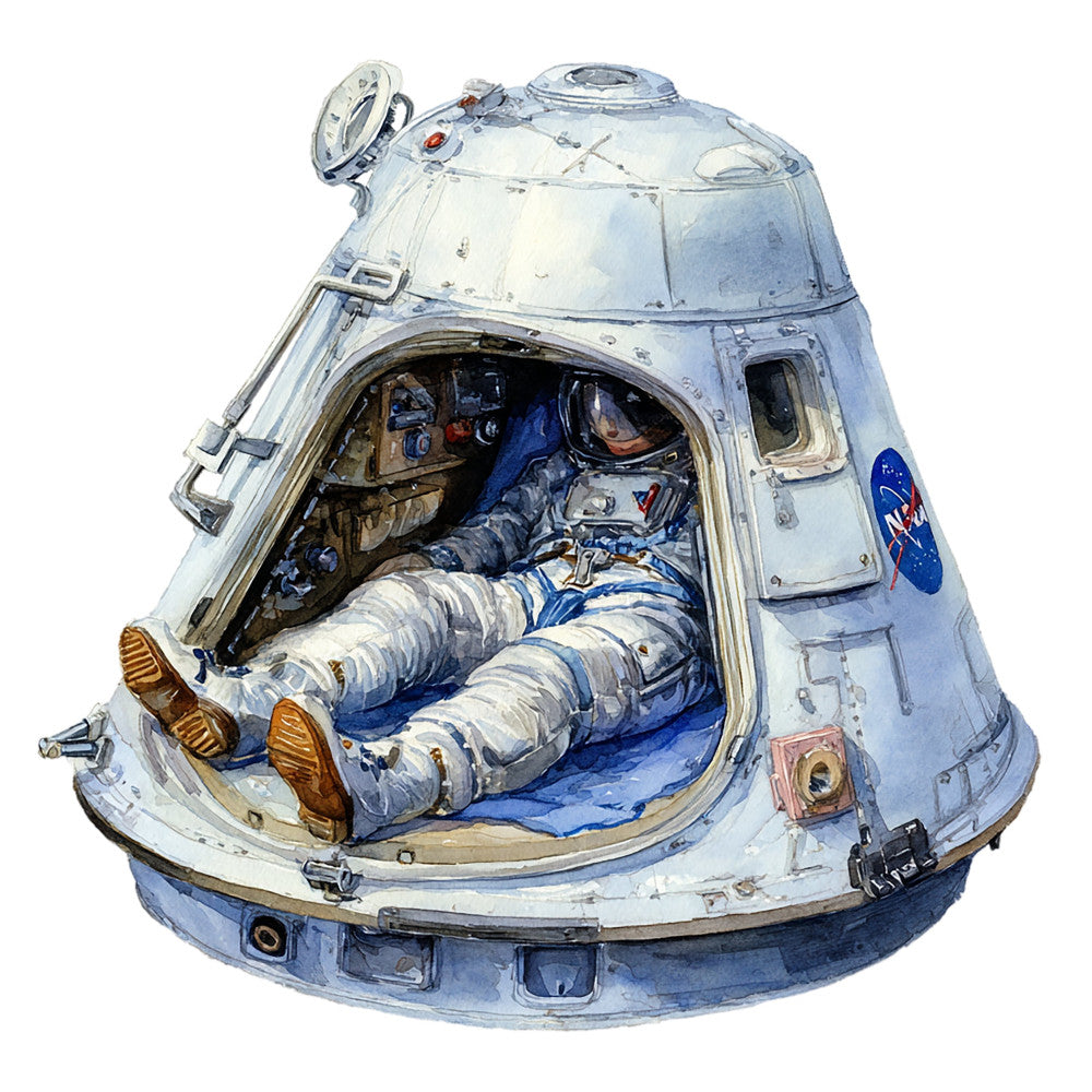 astronaut, nasa, space, white, blue, navy blue, silver, gray, vintage, retro, mid-century, exploration, science, space exploration, spaceman, cosmonaut, capsule, spacecraft, scientific, educational, wall hanging, novelty, whimsical, iconic, historical, americana, patriotic, 1960s, 1970s, adventure