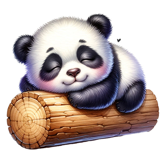 panda, cute animal, baby panda, white fur, black markings, wooden log, brown wood, tree trunk, sleepy expression, closed eyes, peaceful mood, adorable character, fabric panel, quilting cotton, children's fabric, nursery theme, animal print, soft colors, illustration style, kawaii design
