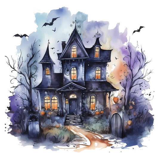 haunted house, halloween, spooky, gothic, dark blue, purple, navy, orange, watercolor, whimsical, bat, twisted trees, bare branches, pumpkins, eerie, autumn, fall, victorian mansion, creepy, mystical, fantasy, gloomy, atmospheric, moody, horror, seasonal, dark aesthetic, supernatural, trick or treat, october