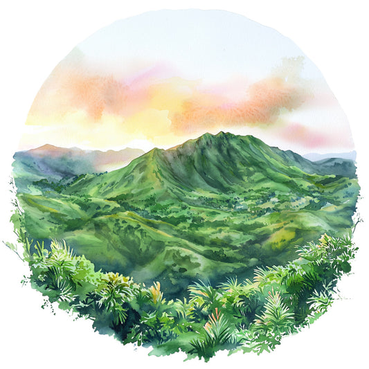 tropical landscape, watercolor style, green mountains, lush foliage, sunset sky, hawaiian scenery, fabric panel, quilting cotton, nature scene, rolling hills, tropical plants, warm colors, peachy sky, verdant valleys, island paradise, circular vignette, botanical elements, scenic vista, tropical getaway, layered mountains