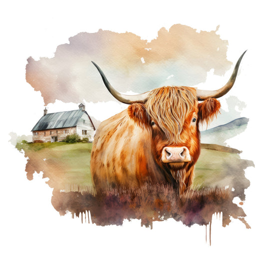 Watercolor Highland Cows Fabric Panel 3 featuring a detailed highland cow with long horns near a rustic barn in soft earthy tones.
