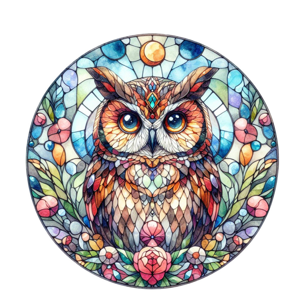 stained glass, owl, circular panel, blue eyes, orange sun, floral border, geometric pattern, multicolored, turquoise, coral pink, golden yellow, purple, green leaves, mosaic style, symmetrical design, fabric panel, quilting cotton, nature motif, ornate details, kaleidoscope effect