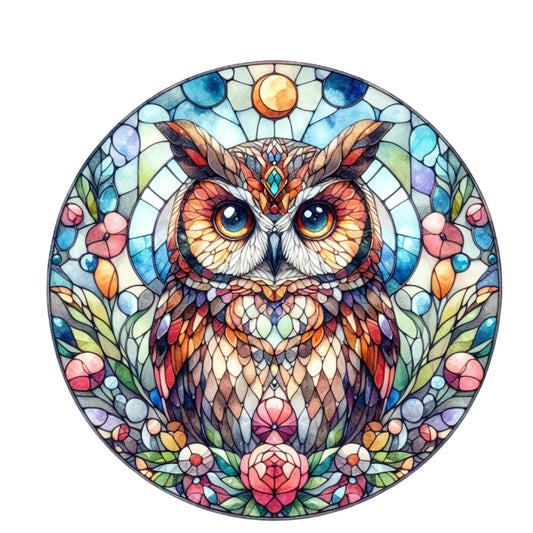 stained glass, owl, circular panel, blue eyes, orange sun, floral border, geometric pattern, multicolored, turquoise, coral pink, golden yellow, purple, green leaves, mosaic style, symmetrical design, fabric panel, quilting cotton, nature motif, ornate details, kaleidoscope effect