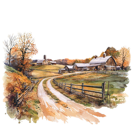 watercolor style, autumn scene, farm landscape, rustic barns, winding dirt road, wooden fences, fall foliage, orange leaves, golden trees, rural countryside, fabric panel, quilting cotton, pastoral scene, harvest season, country living, weathered buildings, rolling hills, warm earth tones, amber colors, russet hues