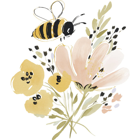 bee, honeybee, floral, yellow flowers, cream flowers, blush pink, soft yellow, sage green, botanical, nature, insects, pollinators, spring, summer, whimsical, watercolor, modern, delicate, garden, wildflowers, black accents, soft pastels, illustration style, botanical illustration, cottage core, farmhouse, nature lover, pollinator garden, wildflower bouquet, gentle style