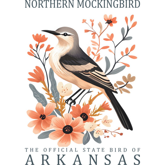northern mockingbird, state bird, arkansas, coral flowers, peach blooms, gray leaves, botanical wreath, songbird, perched bird, long tail, nature illustration, floral arrangement, soft pastels, decorative panel, quilting fabric, cotton panel, spring flowers, wildlife art, ornithology design, fabric crafting