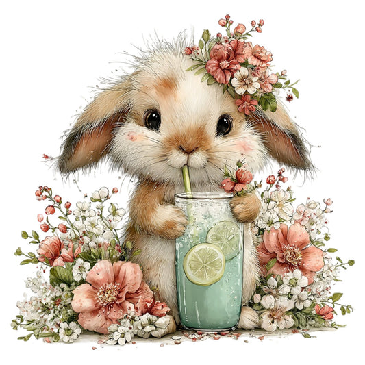 cute bunny, adorable rabbit, fluffy animal, spring flowers, coral pink, sage green, soft pastels, floral design, botanical, nature theme, whimsical style, baby animals, woodland creatures, lemon slices, beverage illustration, garden party, springtime, vintage botanical, children's design, nursery decor, sweet and charming, delicate florals, blush pink, cream white, tan brown, animal lover, illustration art, decorative motif, playful design, baby quilt