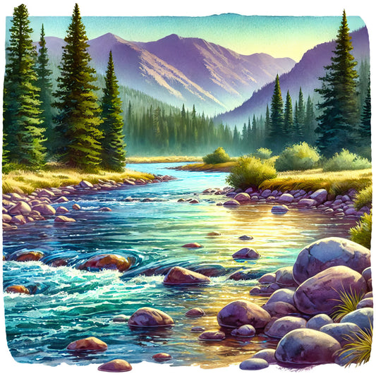 mountain landscape, rocky stream, evergreen trees, purple mountains, turquoise water, golden grass, river rocks, nature scene, wilderness, fabric panel, quilting cotton, scenic vista, flowing water, coniferous forest, mountain valley, outdoor adventure, natural colors, peaceful setting, alpine scenery