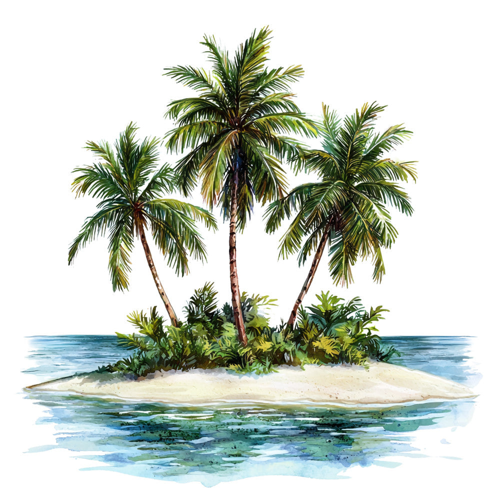 tropical island, palm trees, turquoise water, sandy beach, watercolor style, ocean waves, coconut palms, paradise scene, fabric panel, quilting cotton, green foliage, blue water, white sand, tropical vegetation, island getaway, summer theme, beach scene, aqua tones, emerald green, tropical plants
