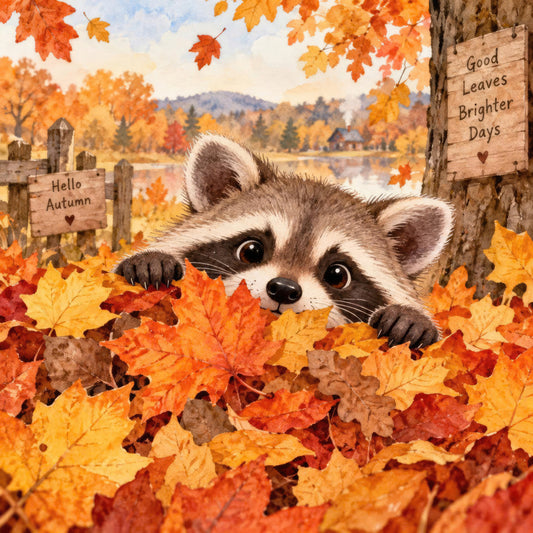 autumn, fall, raccoon, wildlife, animals, nature, woodland, forest, leaves, maple leaves, orange, gold, yellow, red, brown, tan, cream, whimsical, cute, playful, rustic, countryside, lakeside, scenic, hello autumn, good leaves brighter days, cozy, seasonal, autumn harvest