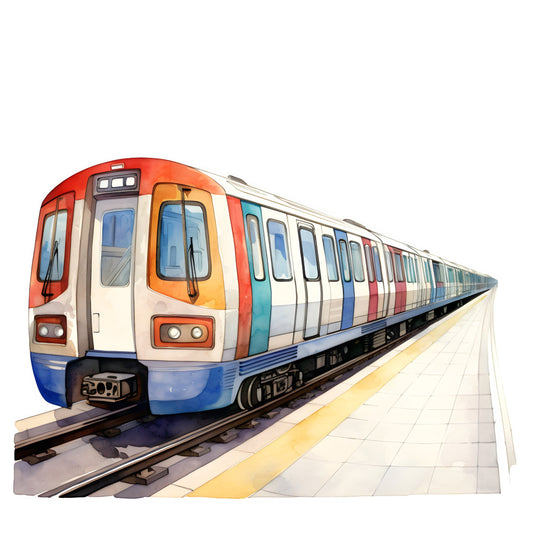 train, transportation, modern, red, orange, yellow, blue, cream, teal, colorful, multi-color, geometric, vehicles, subway, metro, urban, contemporary, children, kids, novelty, travel theme, bold colors, playful, whimsical, architecture, city life, sequential print, transport themed