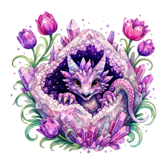 amethyst purple, magenta pink, lavender, jewel tone, crystal geode, fantasy creature, dragon, mystical, whimsical, celestial, magical, gemstone, tulip, floral, botanical, sparkly, glittery, iridescent, enchanted, dark fantasy, nature-inspired, ethereal, elegant, romantic, spring, garden, decorative panel, wall art, vibrant color, shimmering effect