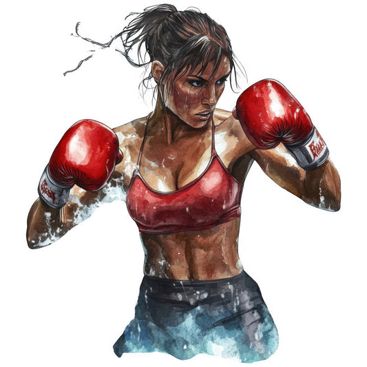 red boxing gloves, sports, athletic, fighter, woman boxer, watercolor, abstract art, red and blue, teal blue, white splatter, modern art, inspirational, strength, power, motivational, portrait, figure art, watercolor splatter, action pose, gym theme, fitness, training, courage, determination, contemporary style, artistic, dramatic, dynamic movement