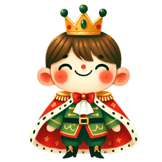 royal prince, gold crown, emerald green, red cape, cream, coral pink, rosy cheeks, whimsical, children's illustration, storybook, fairy tale, royal, regal, character panel, crown jewels, green gems, holiday, festive, cute face, smiling character, children's theme, nursery, baby, decorative panel, character fabric, illustration style, cheerful, playful, charming
