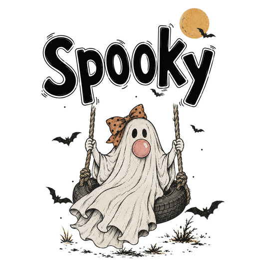 spooky, halloween, ghost, bats, moon, orange, cream, beige, black, white, tan, whimsical, cute, playful, festive, holiday, autumn, fall, seasonal, ghost swing, tire swing, bow, polka dots, trick or treat, october, spooky season, children's, kids, fun, decorative