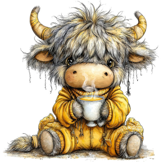 cream, tan, golden yellow, charcoal gray, white, highland cattle, yak, bull, animals, whimsical, cute, adorable, cozy, warm, rustic, farmhouse, coffee lover, hot beverage, tea time, character design, illustrated, children's, playful, folk art, scandinavian, winter, hygge, comfort theme