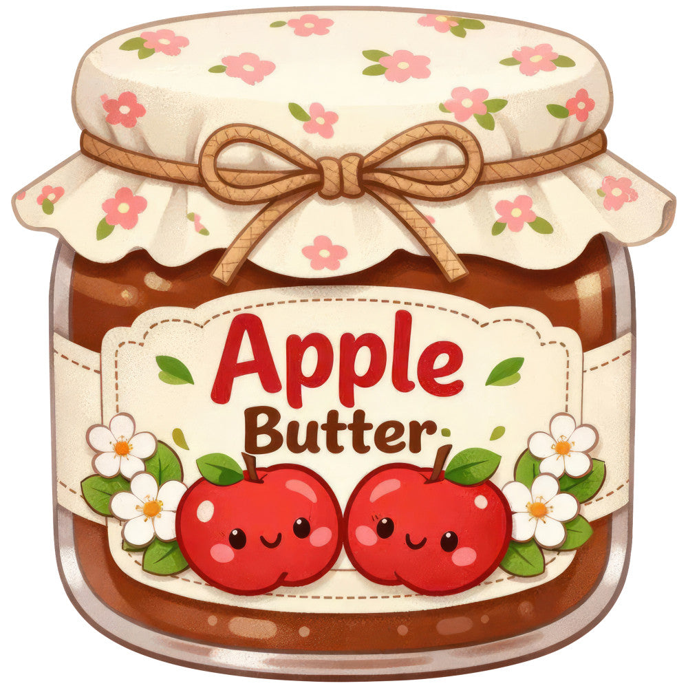 apple butter, jam jar, fruit, apples, cute, whimsical, floral, flowers, pink flowers, cream, beige, red apples, brown, vintage, rustic, farmhouse, kitchen, food themed, preserves, spring, summer, nature, sweet, charming, folk art, children's, playful, cottage core, botanical, leaf accents