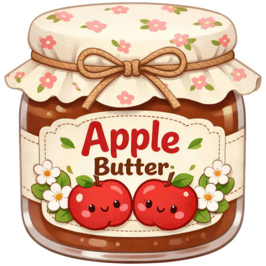 apple butter, jam jar, fruit, apples, cute, whimsical, floral, flowers, pink flowers, cream, beige, red apples, brown, vintage, rustic, farmhouse, kitchen, food themed, preserves, spring, summer, nature, sweet, charming, folk art, children's, playful, cottage core, botanical, leaf accents
