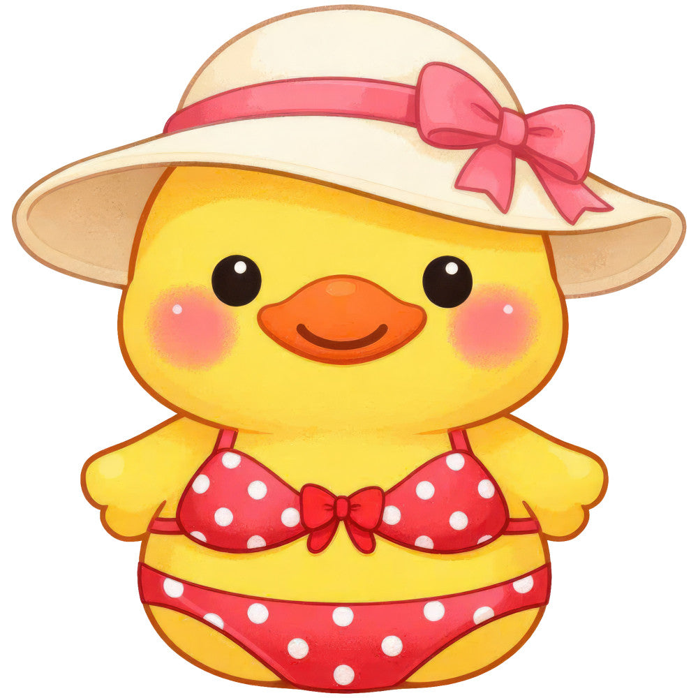 yellow duck, bright yellow, coral orange, red polka dot, white polka dot, cream, tan, coral pink, cute animals, whimsical, kawaii, beach theme, summer, swimwear, bikini, sun hat, cheerful, playful, children's, baby, character design, spotted pattern, retro, vintage, fun, vibrant, sweet