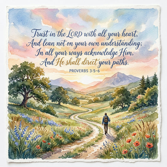 scripture, proverbs, inspirational, religious, faith-based, landscape, mountain scene, wildflower, poppy, blue flower, winding path, hiker, nature themed, watercolor style, soft colors, sky blue, sage green, dusty rose, golden yellow, pastoral, countryside, peaceful, spiritual, motivational, garden, floral, spring, traditional, elegant, rustic