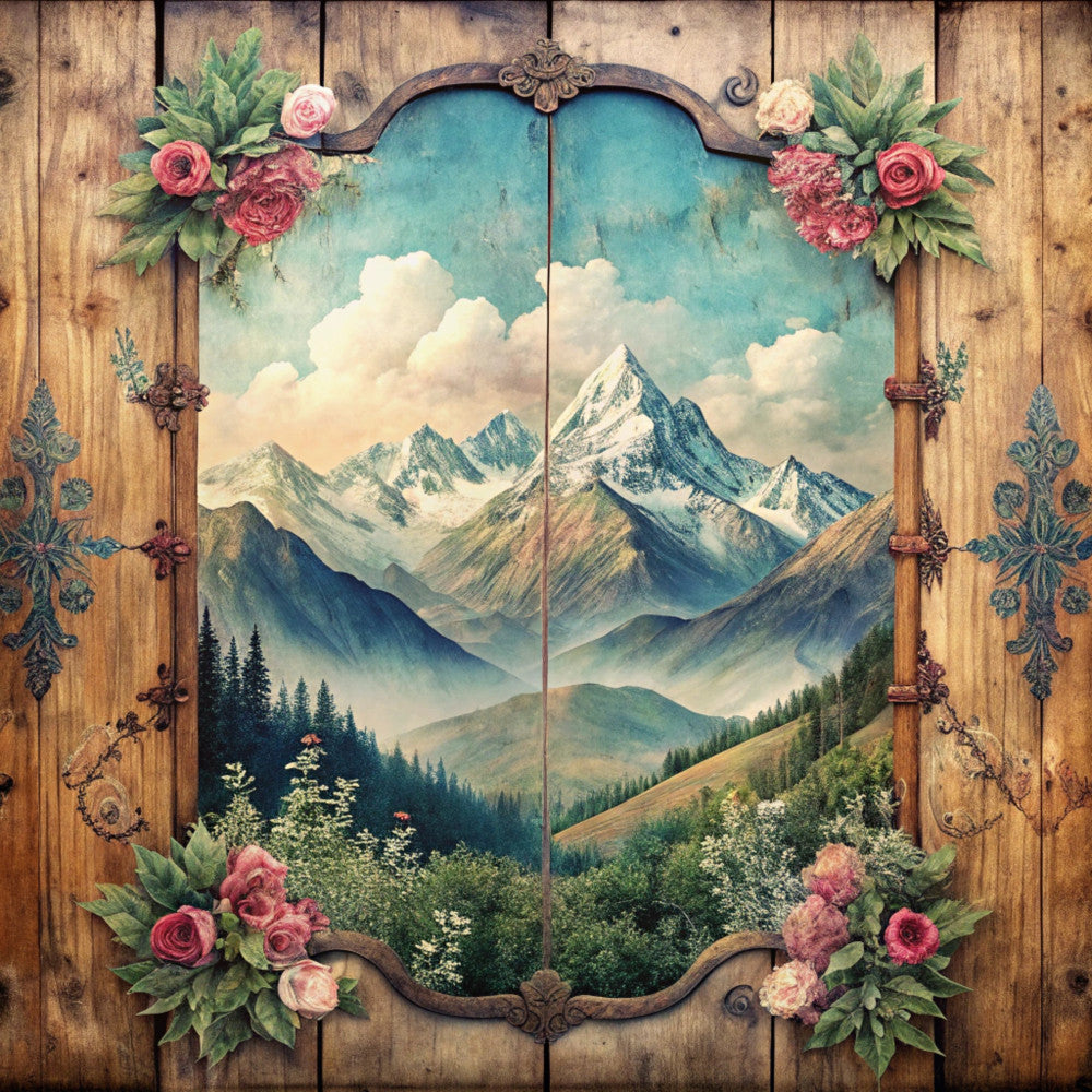 mountain landscape, snow-capped peaks, forest scene, wooden frame, floral border, pink roses, green foliage, turquoise sky, white clouds, evergreen trees, alpine scenery, ornate border, fabric panel, quilting cotton, nature motif, rustic wood, vintage style, botanical elements, scenic vista, outdoor theme