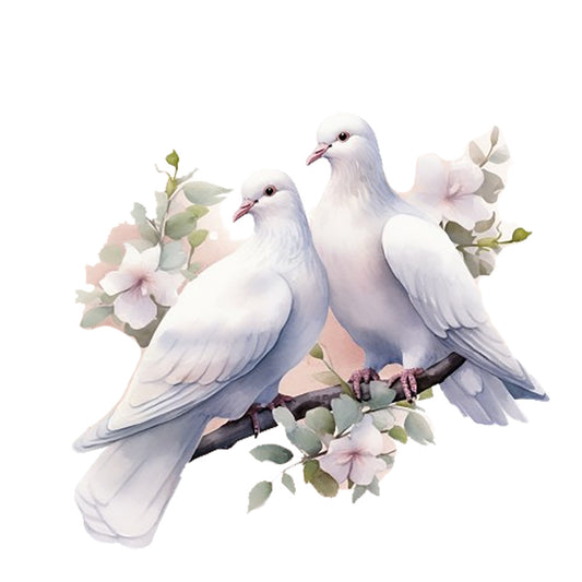 Spring White Doves Fabric Panel 11 featuring two detailed white doves perched on a branch with soft pastel flowers on premium quilting cotton.